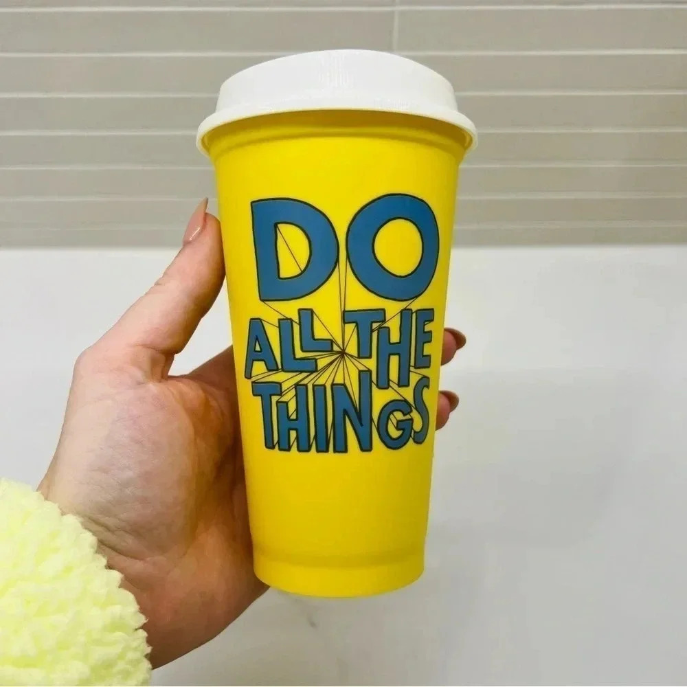 Starbucks Do All the Things Yellow Graphic Reusable Coffee Cup 16‎ oz.